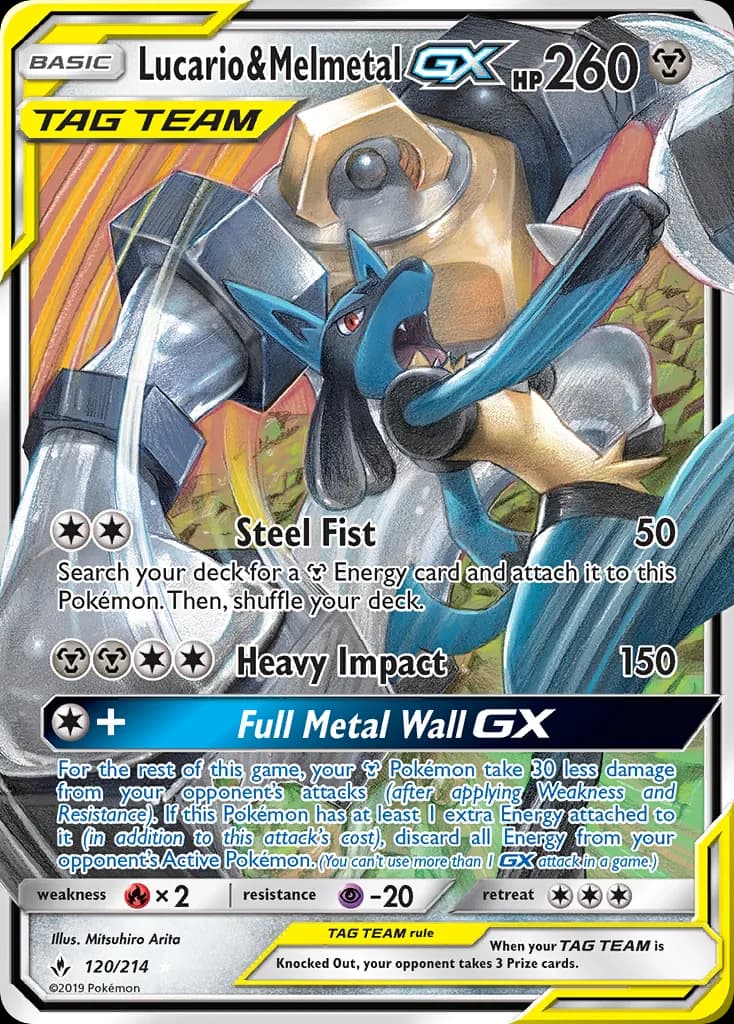 Unbroken Bonds Lucario & Melmetal-GX card front, 120/214