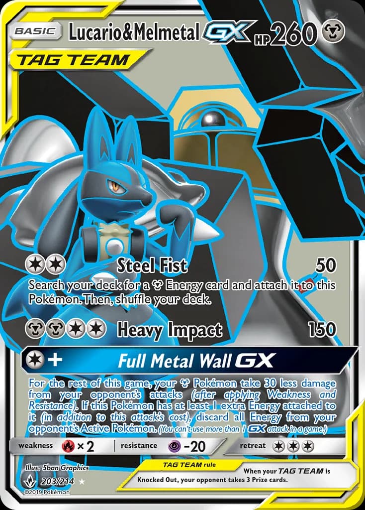 Unbroken Bonds Lucario & Melmetal-GX card front, 203/214