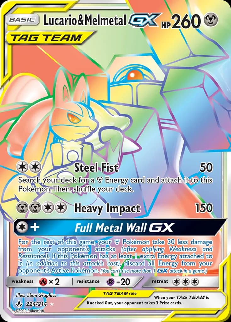 Unbroken Bonds Lucario & Melmetal-GX card front, 224/214