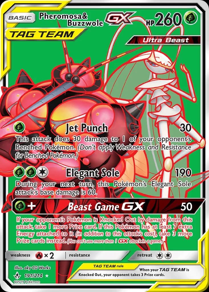Unbroken Bonds Pheromosa & Buzzwole-GX card front, 191/214