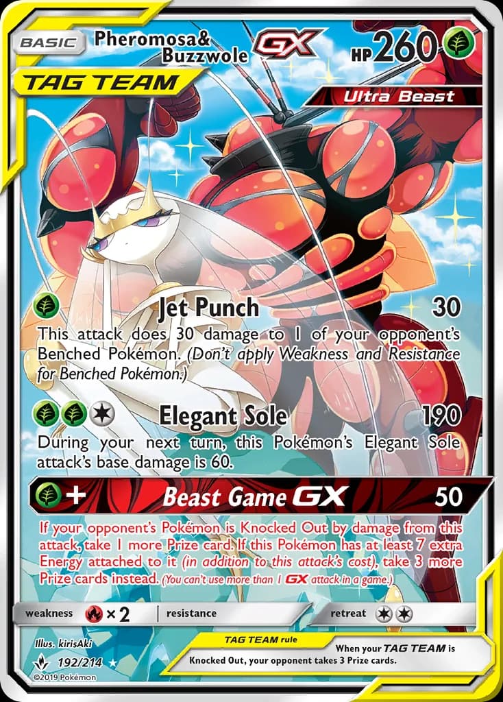 Unbroken Bonds Pheromosa & Buzzwole-GX card front, 192/214