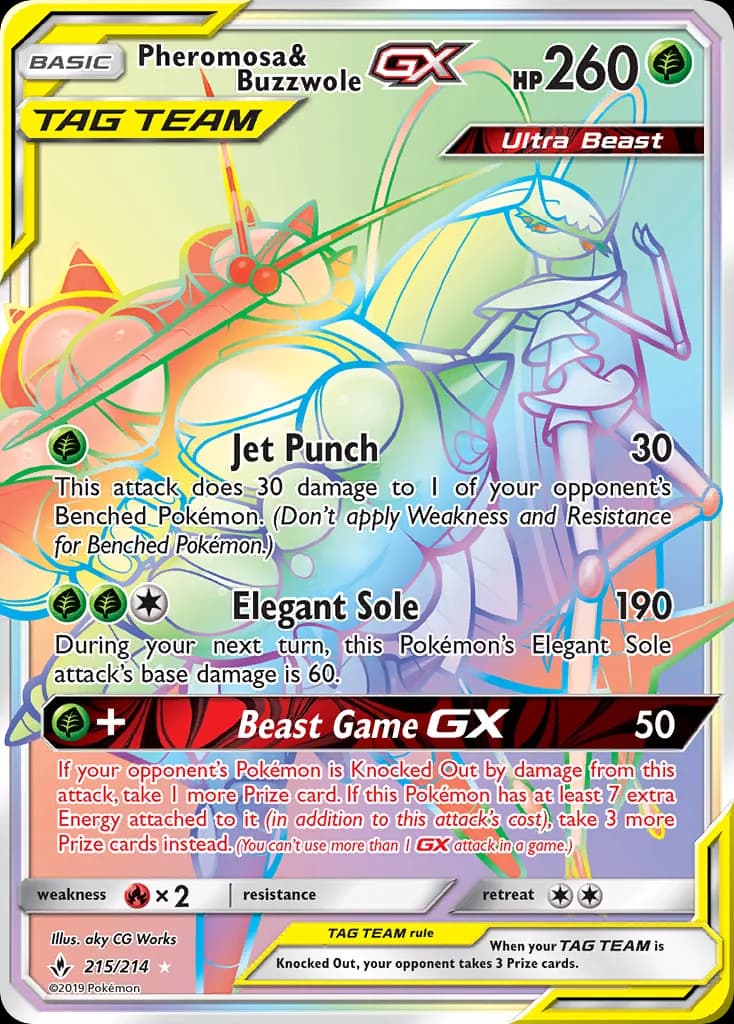Unbroken Bonds Pheromosa & Buzzwole-GX card front, 215/214