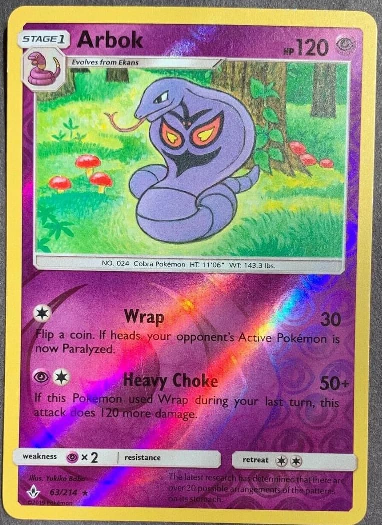 Arbok reverse holo card front, Unbroken Bonds 63/214
