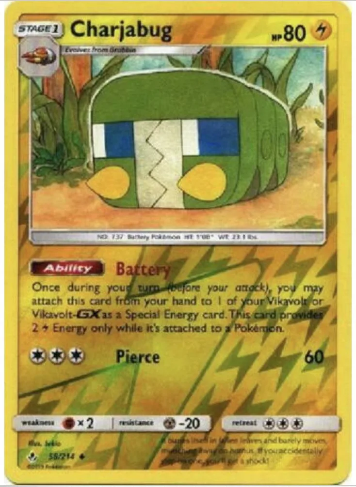 Charjabug reverse holo card front, Unbroken Bonds 58/214