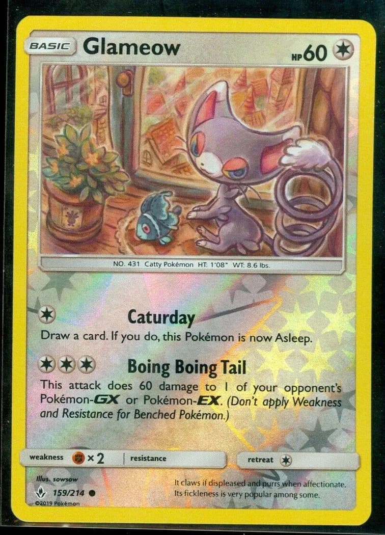 Glameow reverse holo card front, Unbroken Bonds 159/214