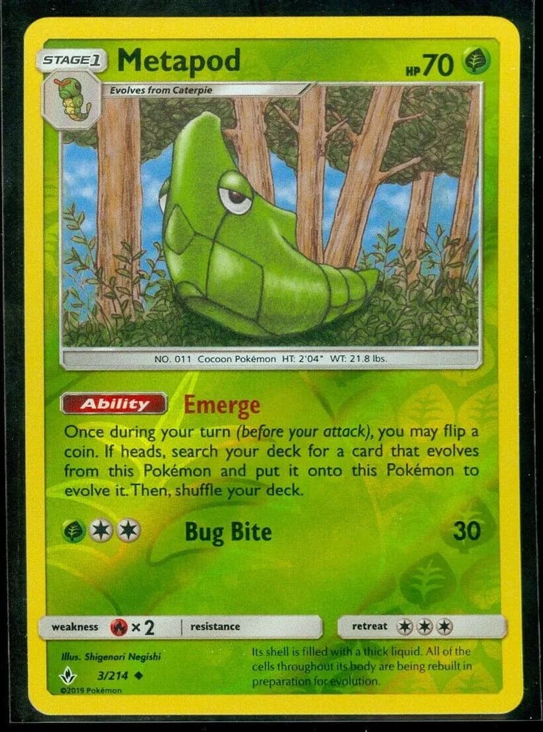 Metapod reverse holo card front, Unbroken Bonds 3/214