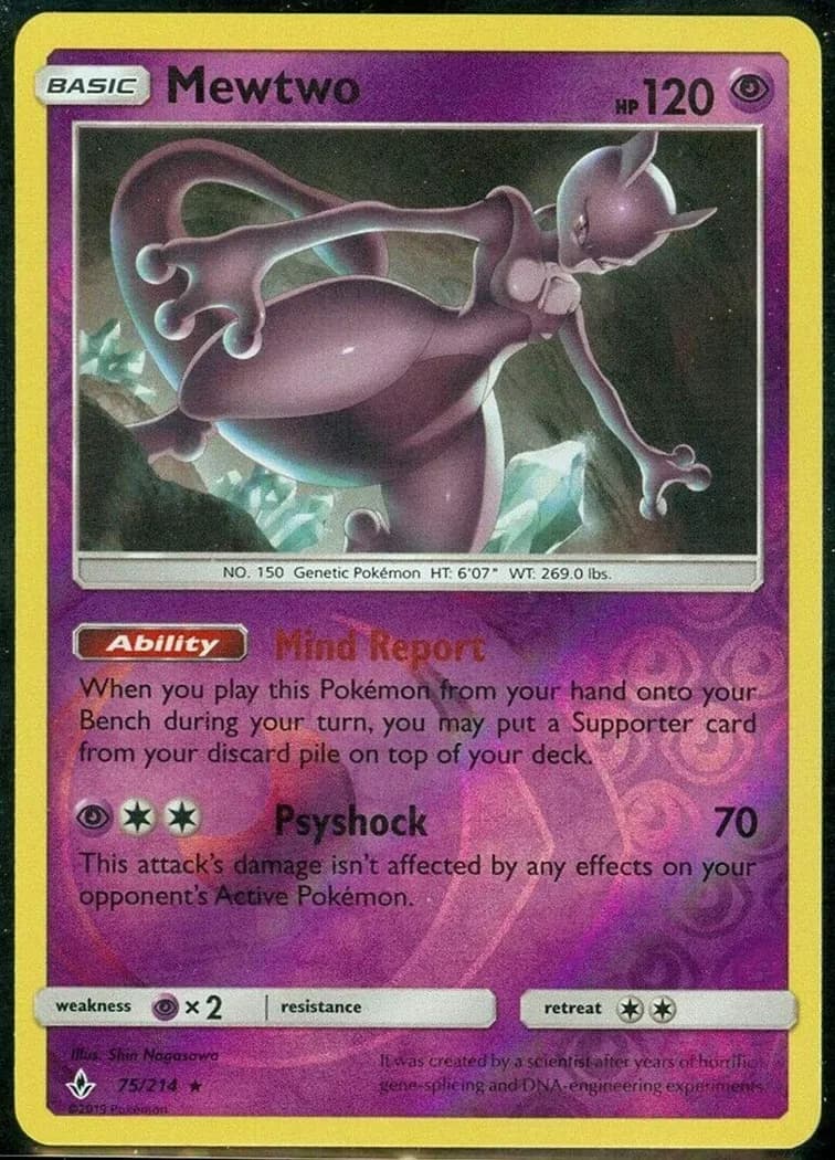 Mewtwo reverse holo card front, Unbroken Bonds 75/214