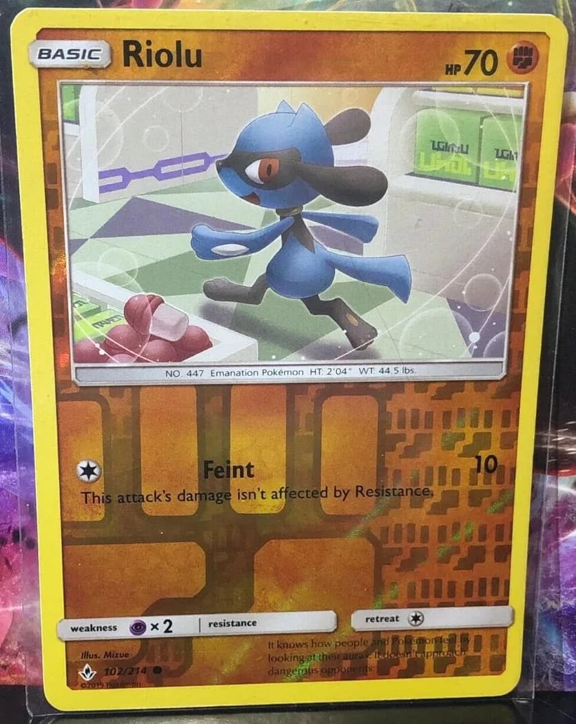 Riolu reverse holo card front, Unbroken Bonds 102/214