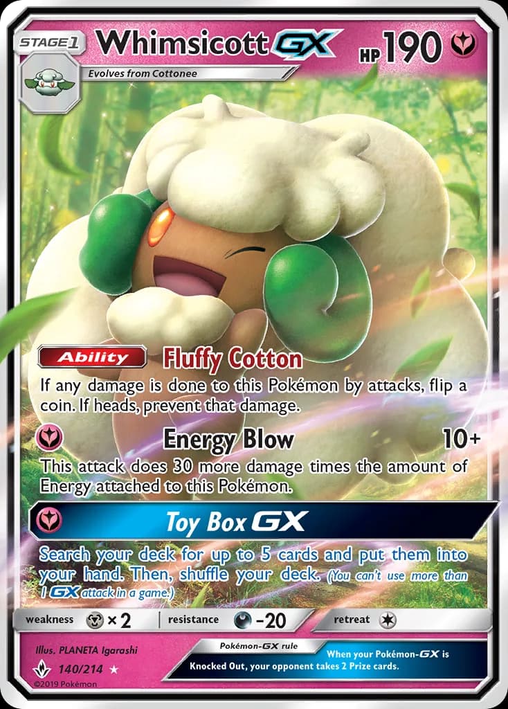 Unbroken Bonds Whimsicott-GX card front, 140/214