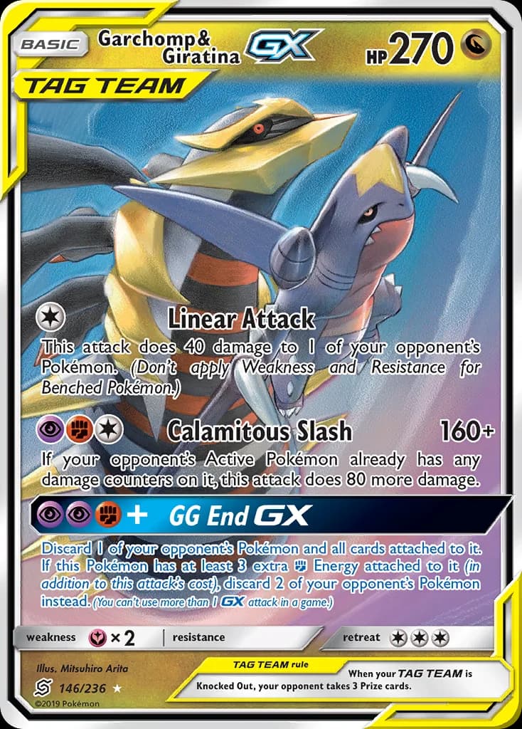 Unified Minds Garchomp & Giratina-GX card front, 146/236