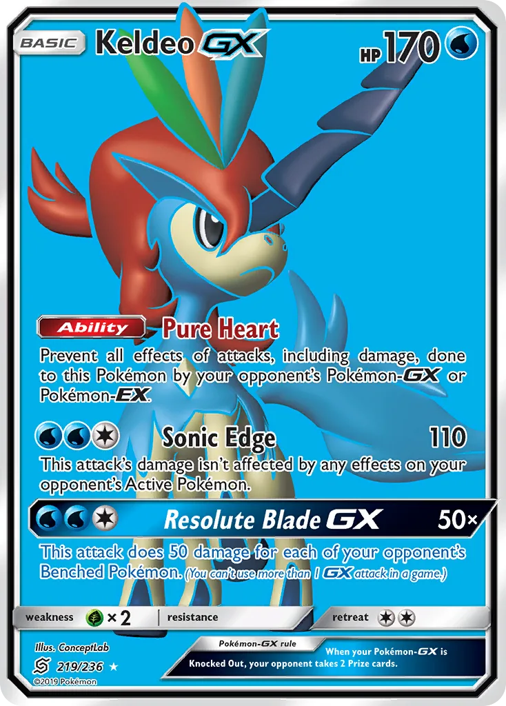 Unified Minds Keldeo-GX card front, 219/236