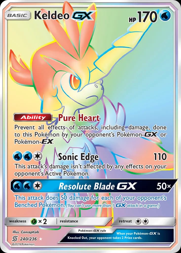 Unified Minds Keldeo-GX card front, 240/236