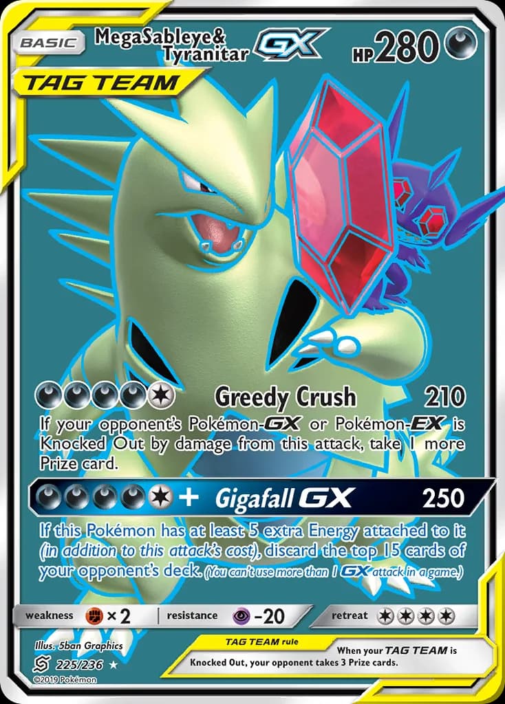 Mega Sableye & Tyranitar-GX card front, Unified Minds 225/236