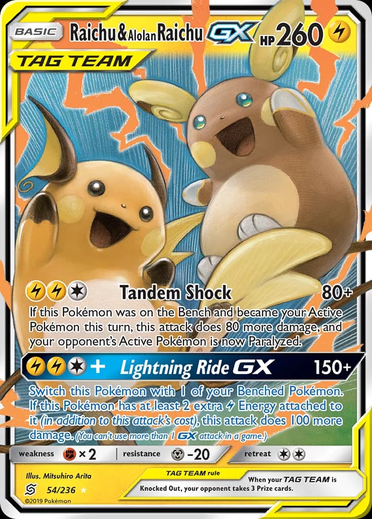 Unified Minds Raichu & Alolan Raichu-GX card front, 54/236