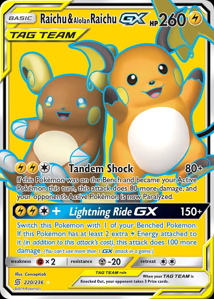 Unified Minds Raichu & Alolan Raichu-GX card front, 220/236