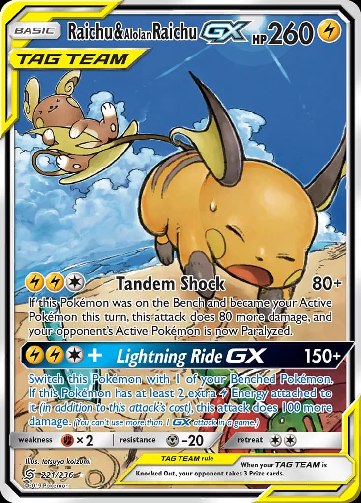 Unified Minds Raichu & Alolan Raichu GX card front, 221/236