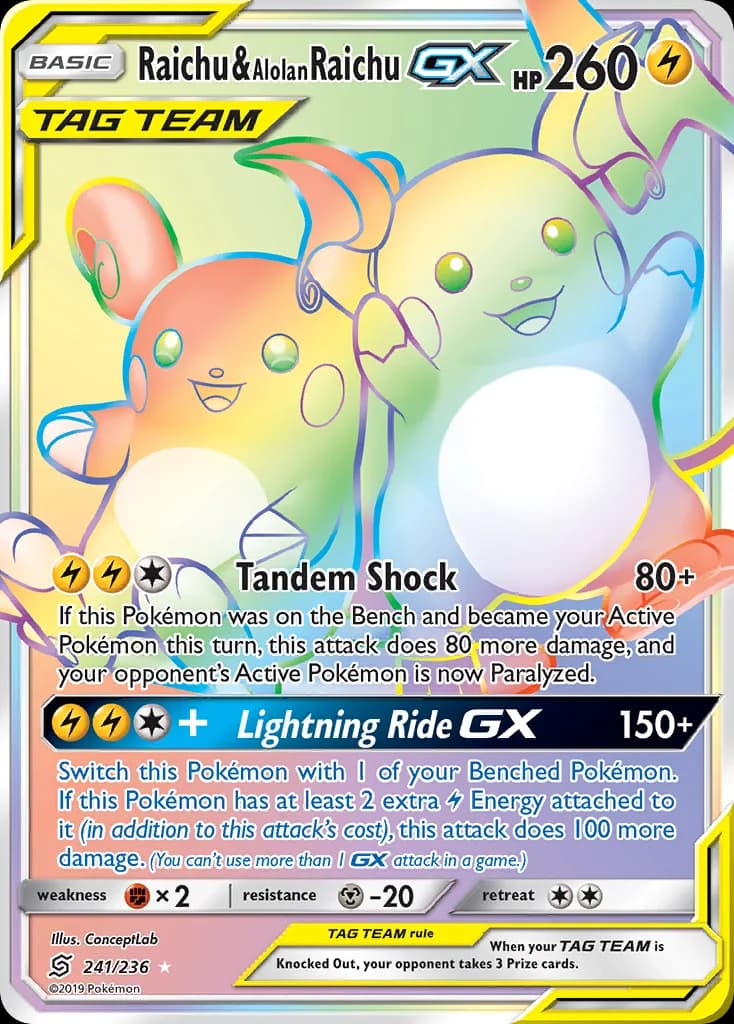 Unified Minds Raichu & Alolan Raichu-GX card front, 241/236