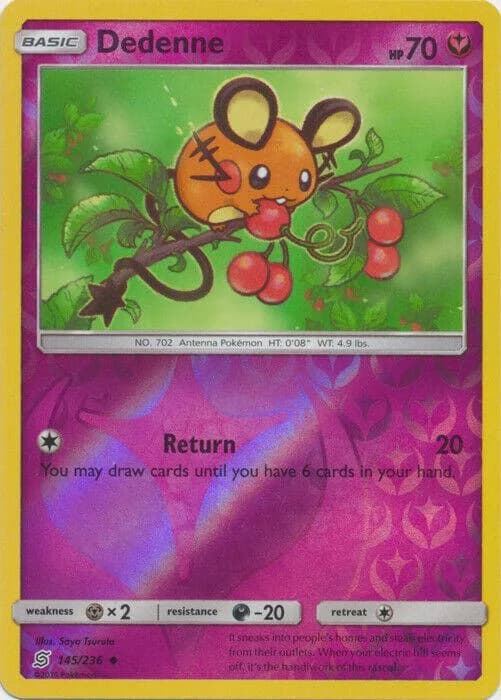Dedenne reverse holo card front, Unified Minds 145/236
