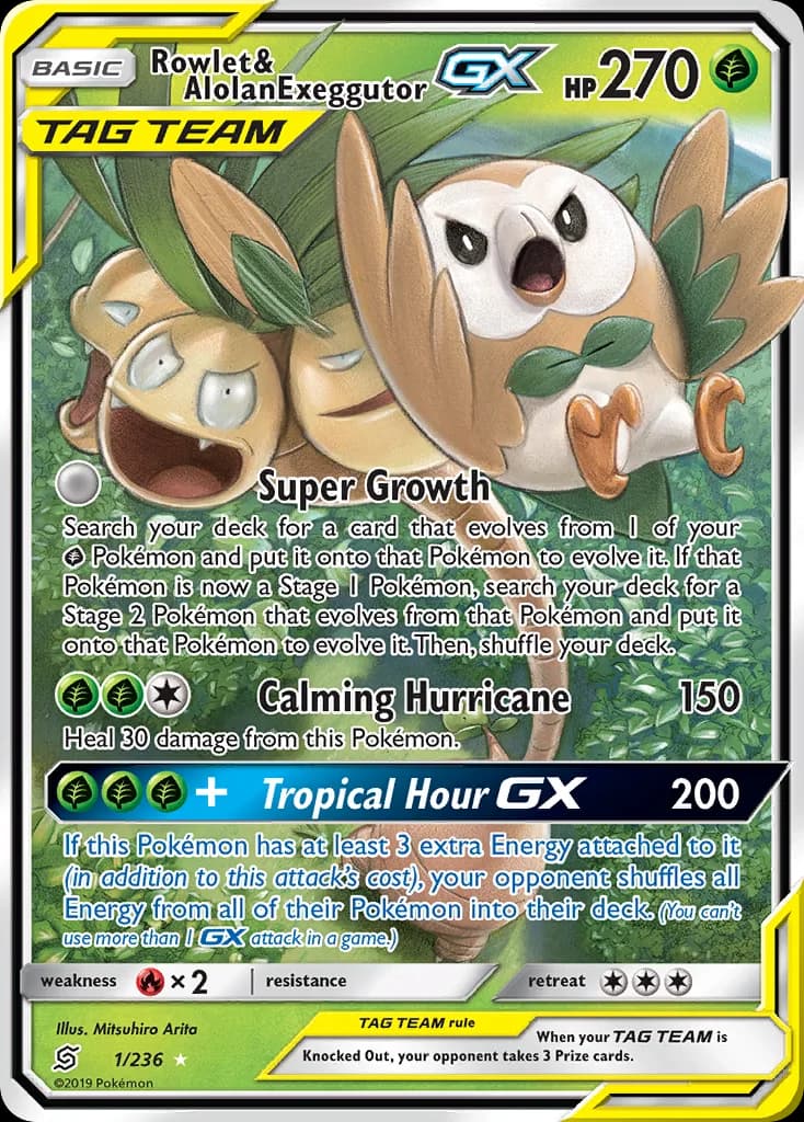 Unified Minds Rowlet & Alolan Exeggutor-GX card front, 1/236