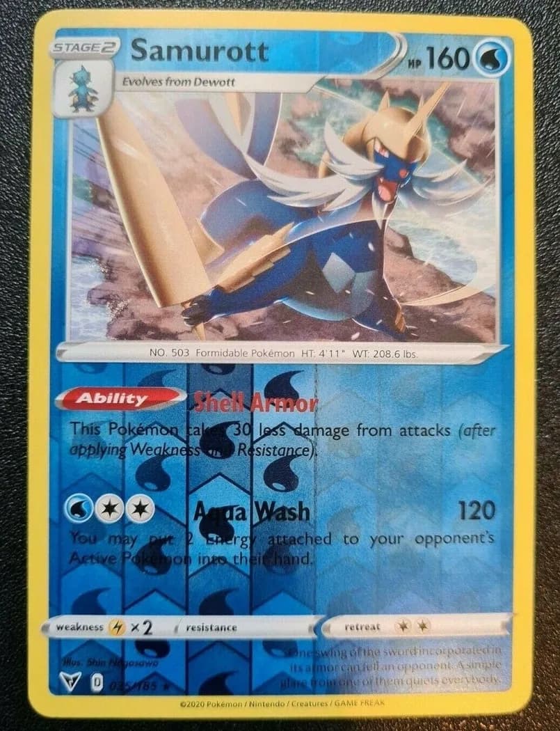 Samurott reverse holo card front, Vivid Voltage 35/185