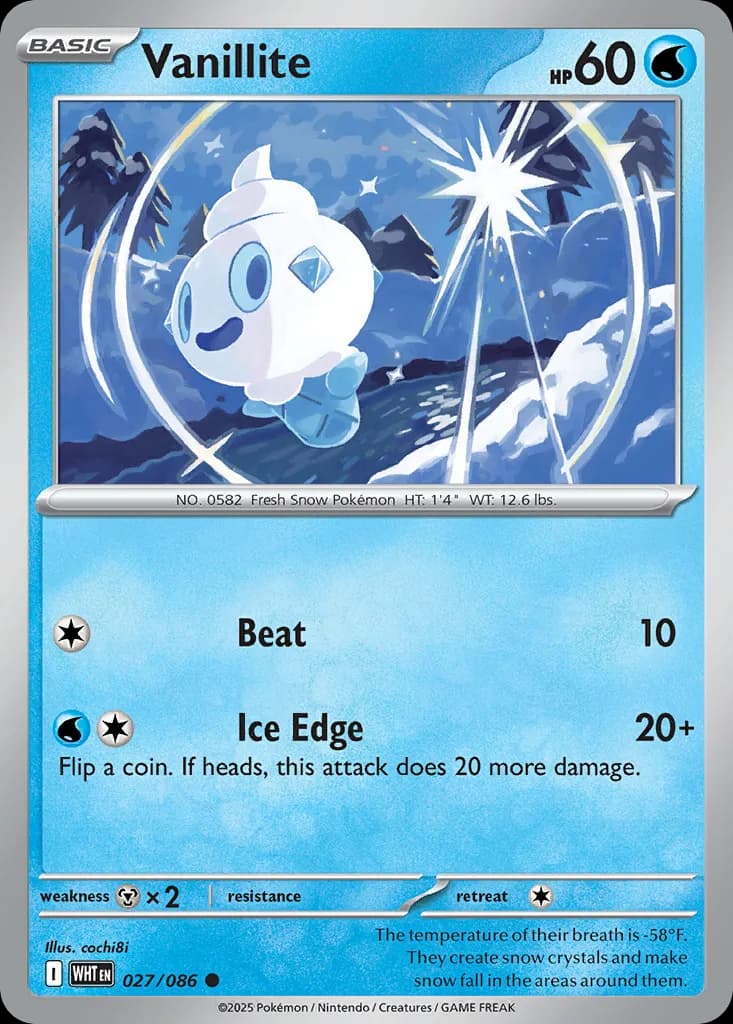 Vanillite, White Flare 27/86, English non-holo base-card reference; reverse-holo finish is not shown