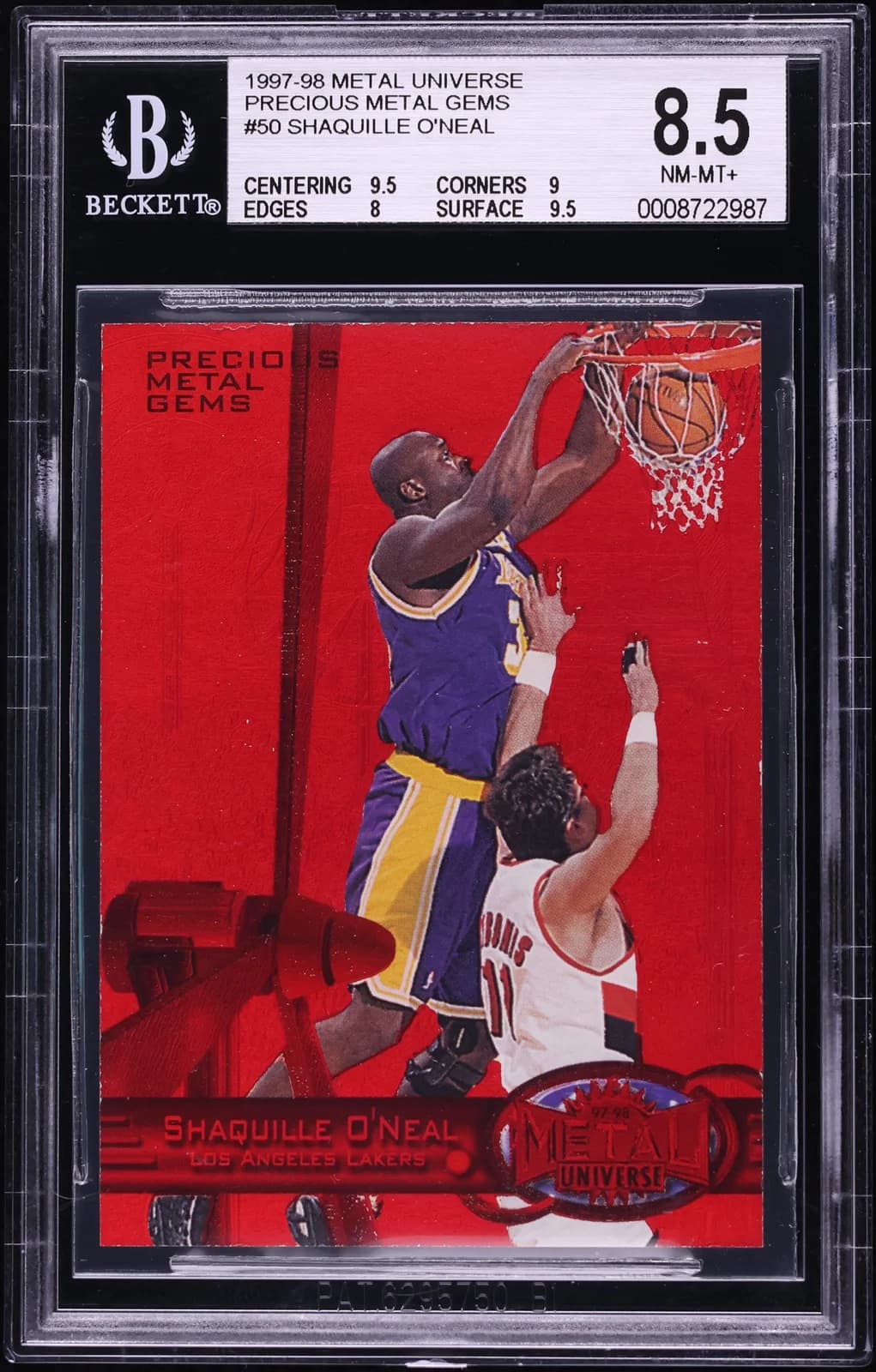 1997-98 SkyBox Metal Universe Precious Metal Gems Red Shaquille O'Neal, graded copy from a recorded sale (slab front)