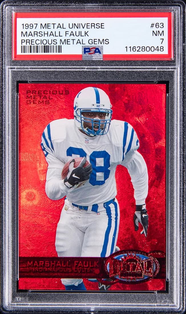 1997 Metal Universe Precious Metal Gems Red Marshall Faulk #63 /150 card front