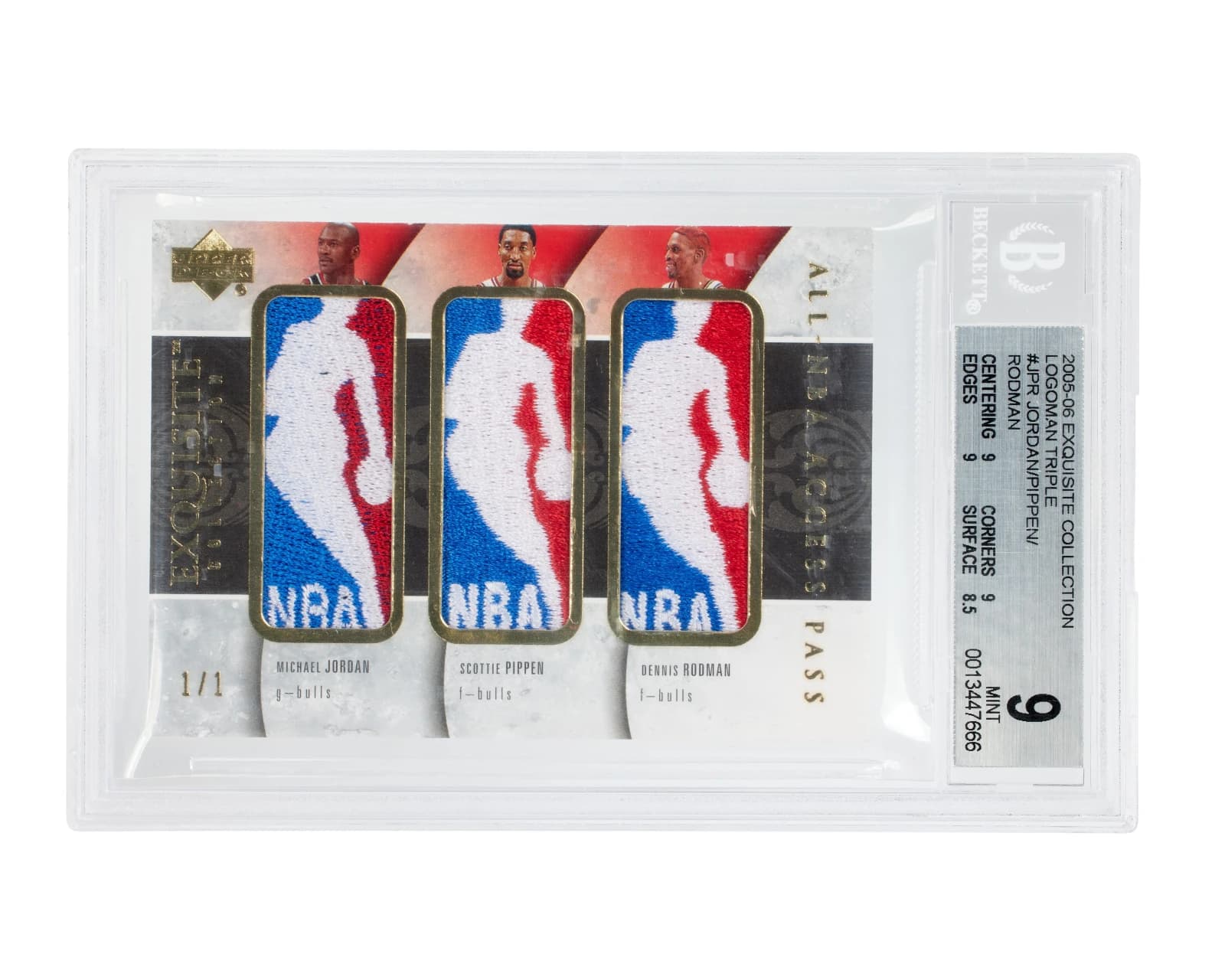 2005-06 Upper Deck Exquisite Collection Triple Logoman Michael Jordan, Scottie Pippen & Dennis Rodman card front