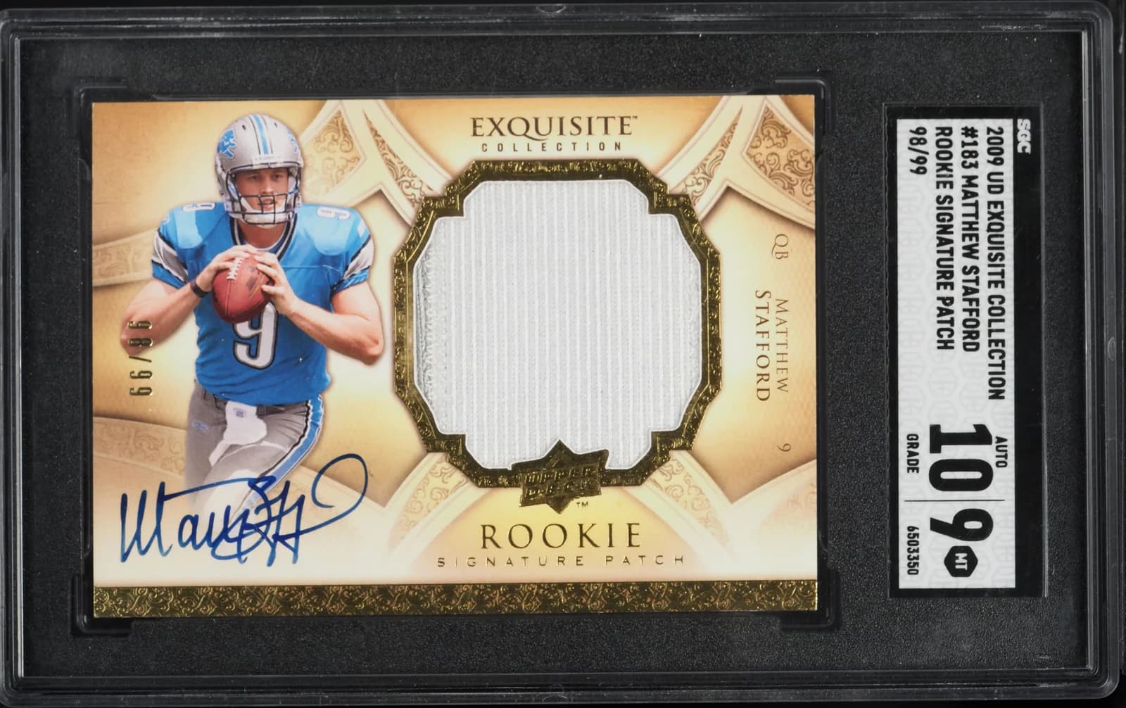 2009 Upper Deck Exquisite Collection Rookie Signature Patch Matthew Stafford, graded copy from a recorded sale (slab front)