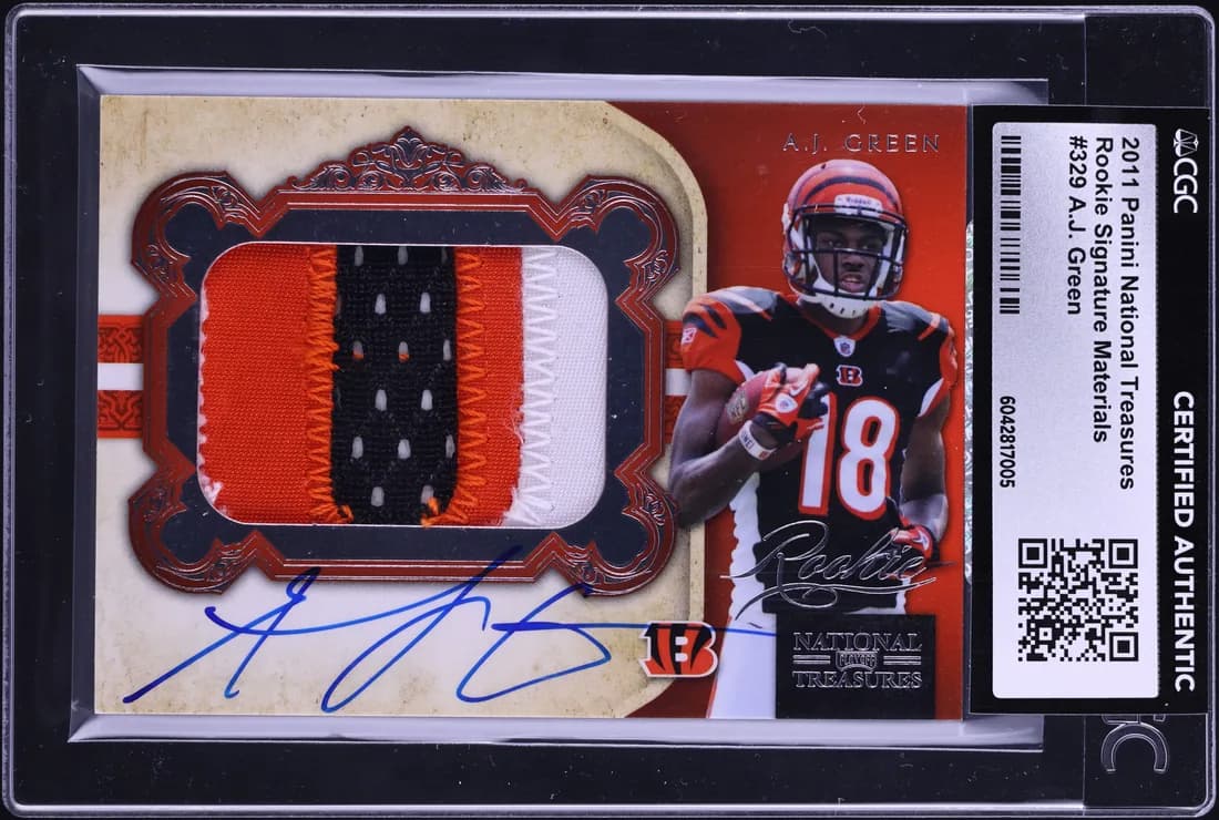 2011 Panini National Treasures #329 A.J. Green Autographed Patch /99 card front