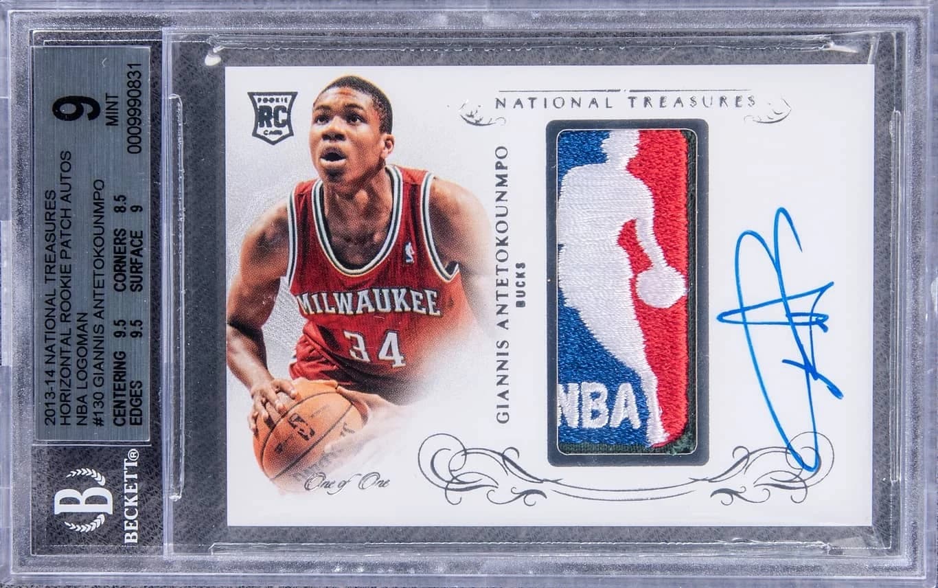 2013-14 Panini National Treasures Giannis Antetokounmpo Rookie Patch Autograph Logoman #130 1/1 card front