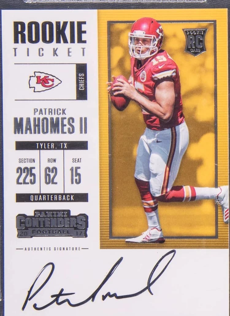2017 Panini Contenders Patrick Mahomes Rookie Ticket Autograph #303; representative card reference, color/finish and individual copy details may differ