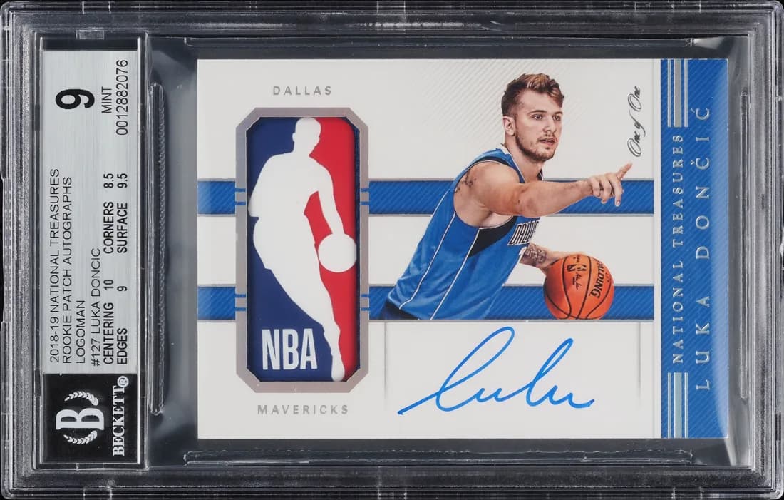 2018-19 Panini National Treasures Luka Dončić Rookie Patch Autograph Logoman #127 1/1 card front