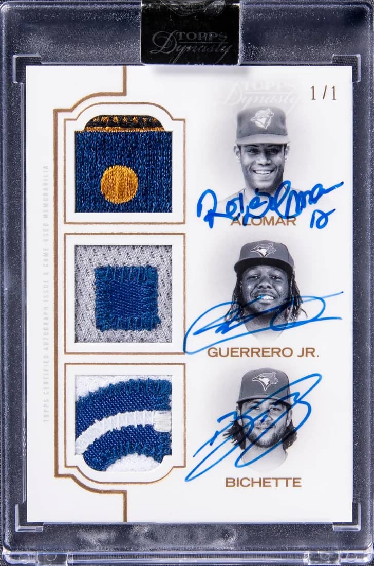2020 Topps Dynasty Triple Autograph Patch Roberto Alomar / Vladimir Guerrero Jr. / Bo Bichette #TAP-AGB 1/1 card front