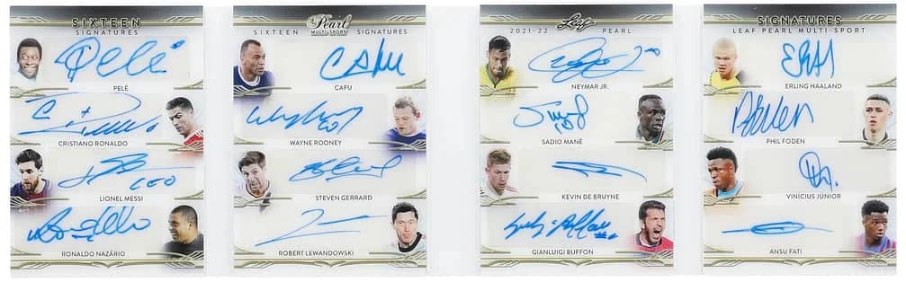 2021-22 Leaf Pearl Sport Signature Sixteen Kevin De Bruyne / Lionel Messi / Ronaldo / Neymar / Pelé, copy from a recorded sale (front)