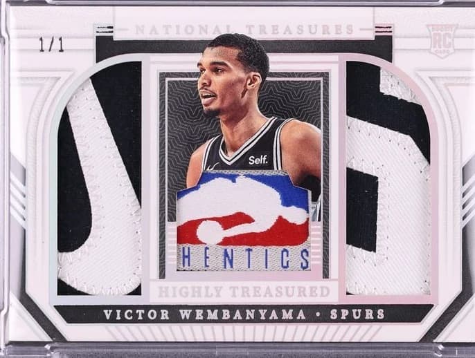 2023-24 Panini National Treasures Highly Treasured Rookie Tag Patch #HT-WEM Victor Wembanyama 1/1 card front