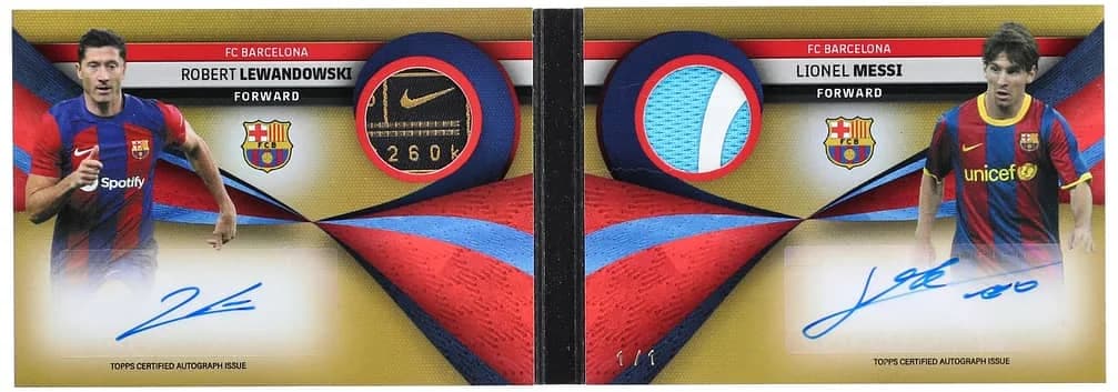 2023-24 Topps FC Barcelona Team Set Relic Dual- Patch Autograph, Book Robert Lewandowski / Lionel Messi, copy from a recorded sale (front)