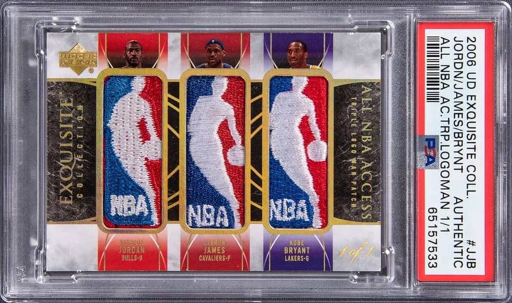 2006-07 Upper Deck Exquisite Collection All NBA Access Triple Logoman #TL-JJB Michael Jordan, LeBron James & Kobe Bryant slab front