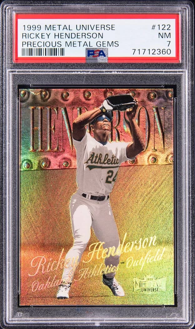 1999 SkyBox Metal Universe Precious Metal Gems Rickey Henderson #122 /50 card front