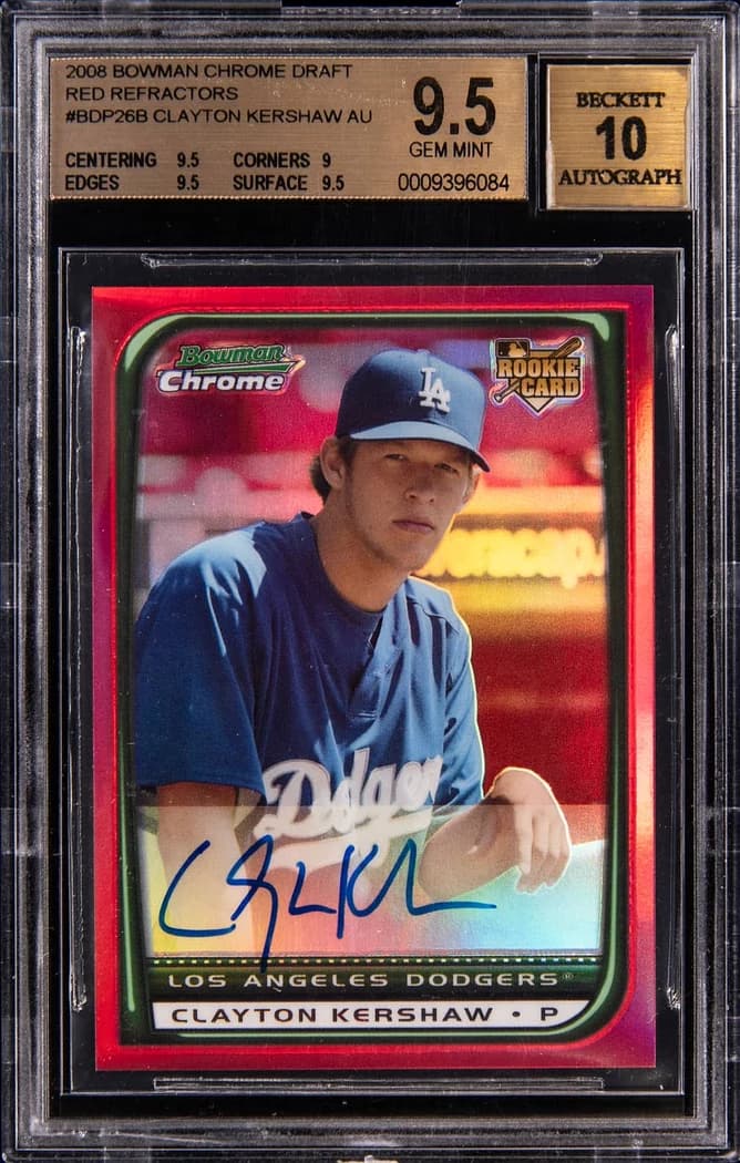 2008 Bowman Draft Picks & Prospects Bowman Chrome Rookie Autograph Variations Red Refractor Clayton Kershaw #BDP26B /5 card front