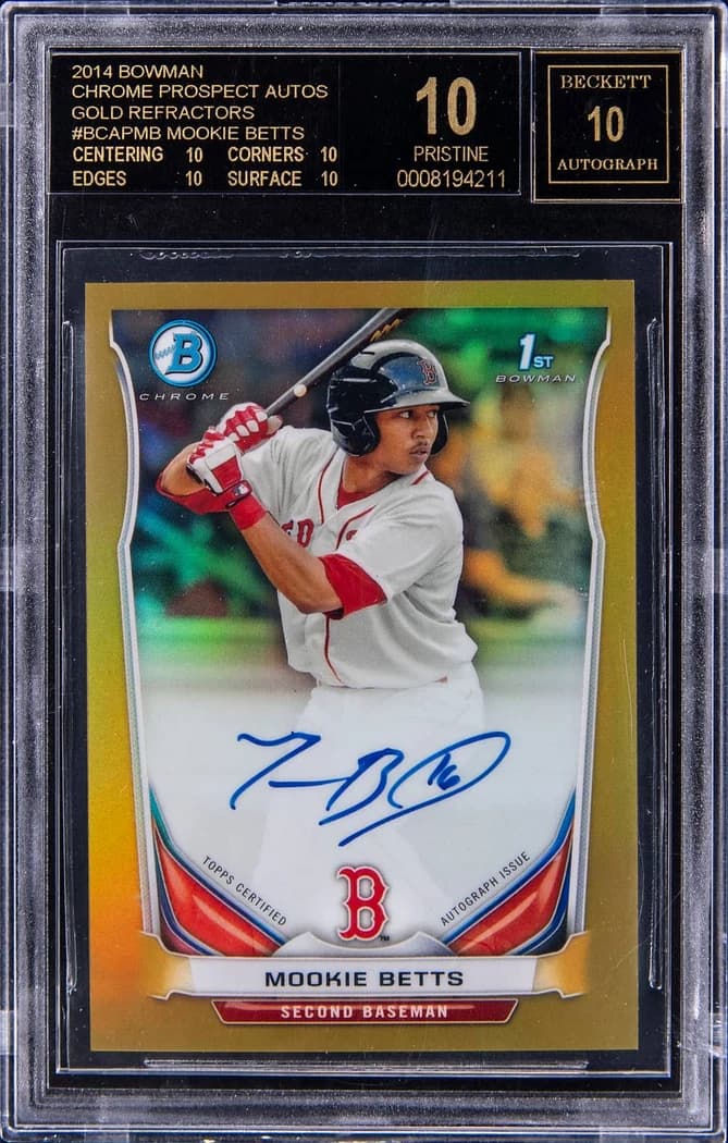 2014 Bowman Chrome Prospect Autographs Gold Refractor Mookie Betts #BCAP-MB /50 card front