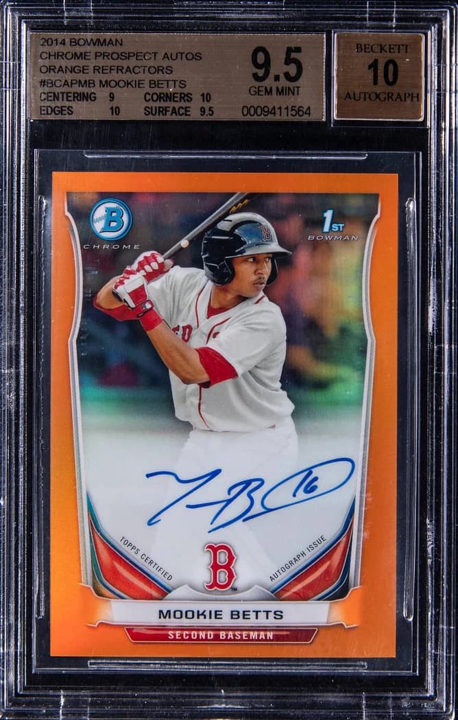 2014 Bowman Chrome Prospect Autographs Orange Refractor Mookie Betts #BCAP-MB /25 card front