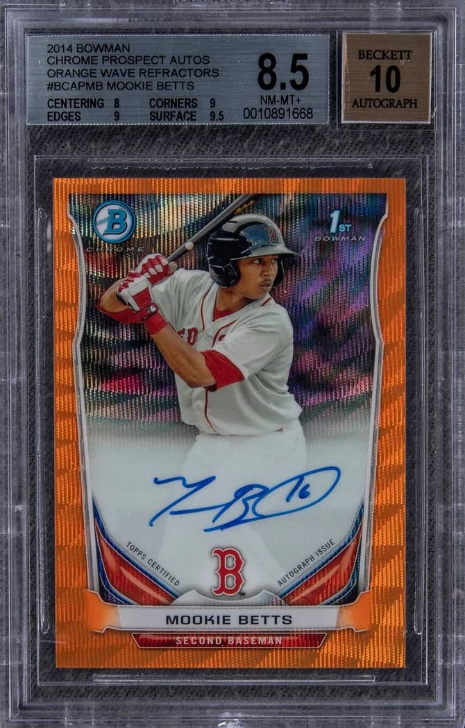 2014 Bowman Chrome Prospect Autographs Orange Wave Refractor Mookie Betts #BCAP-MB /5 card front