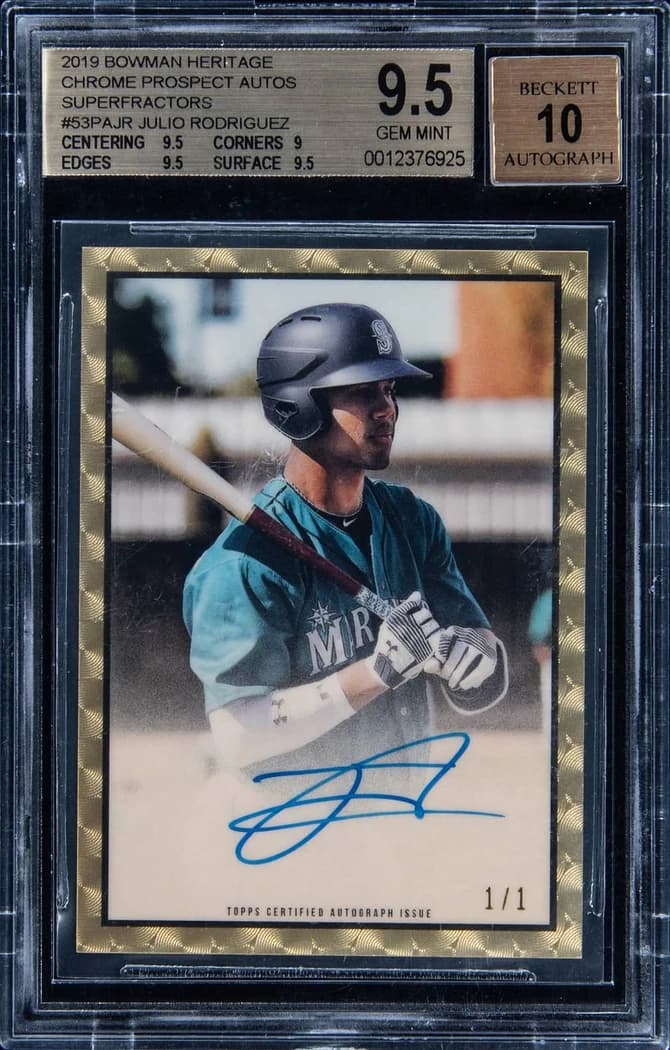 2019 Bowman Heritage Chrome Prospect Autographs SuperFractor Julio Rodriguez #53PA-JR 1/1 card front