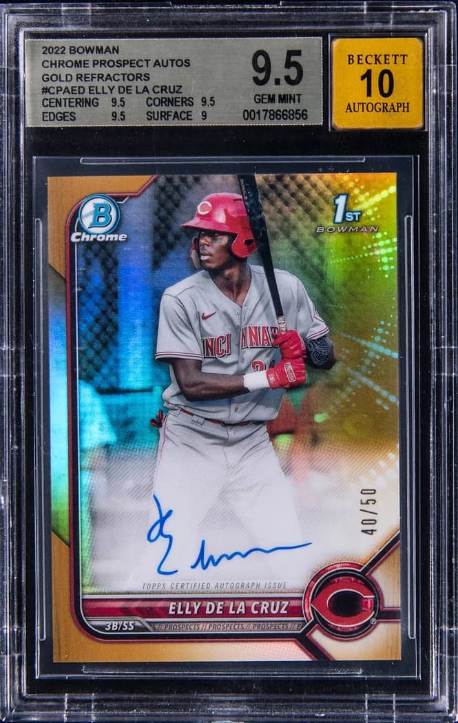 2022 Bowman Chrome Prospect Autographs Gold Refractor Elly De La Cruz #CPA-ED /50 card front