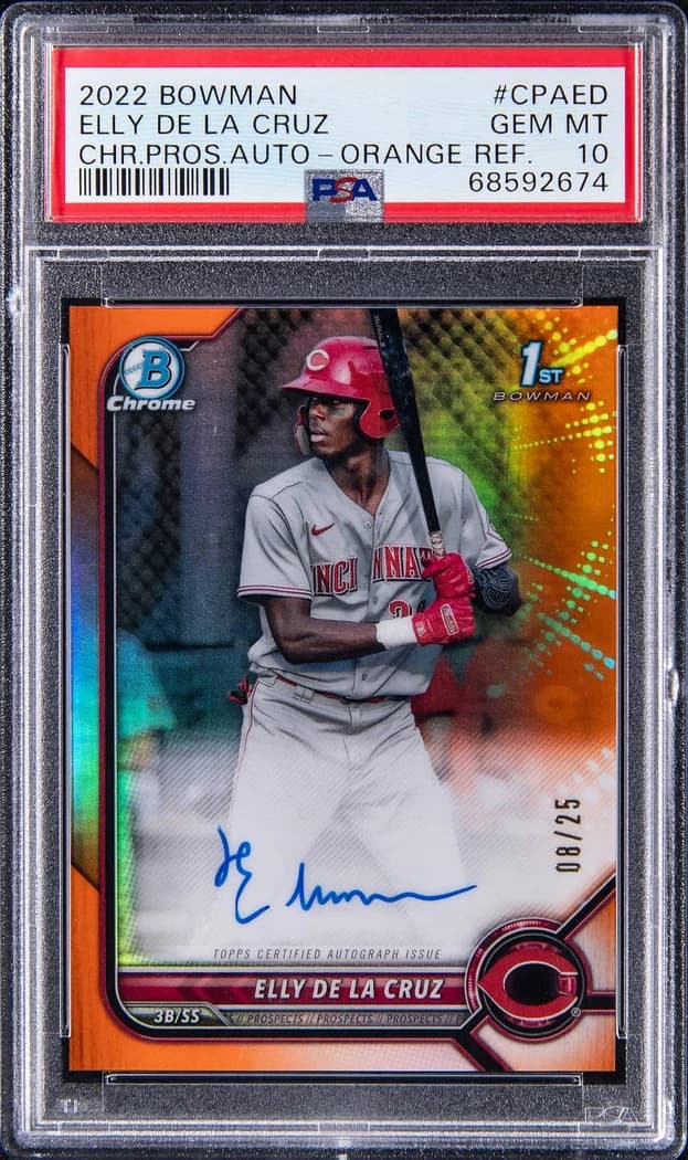 2022 Bowman Chrome Prospect Autographs Orange Refractor Elly De La Cruz #CPA-ED /25 card front