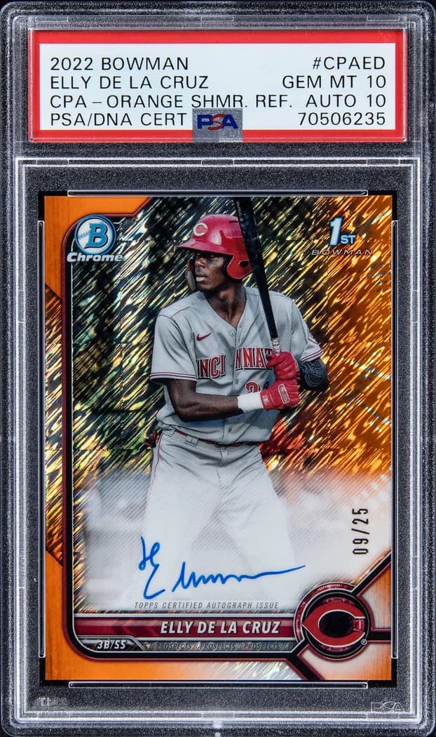 2022 Bowman Chrome Prospect Autographs Orange Shimmer Refractor Elly De La Cruz #CPA-ED /25 card front