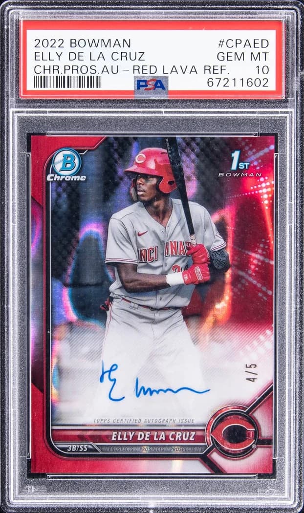 2022 Bowman Chrome Prospect Autographs Red Lava Refractor Elly De La Cruz #CPA-ED /5 card front