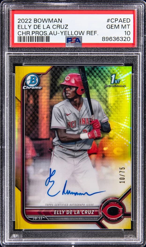 2022 Bowman Chrome Prospect Autographs Yellow Refractor Elly De La Cruz #CPA-ED /75 card front