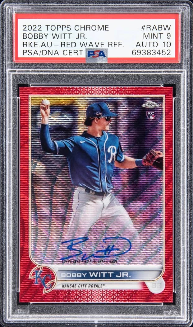 2022 Topps Chrome Rookie Autographs Red Wave Refractor Bobby Witt Jr. #RA-BW /5 card front